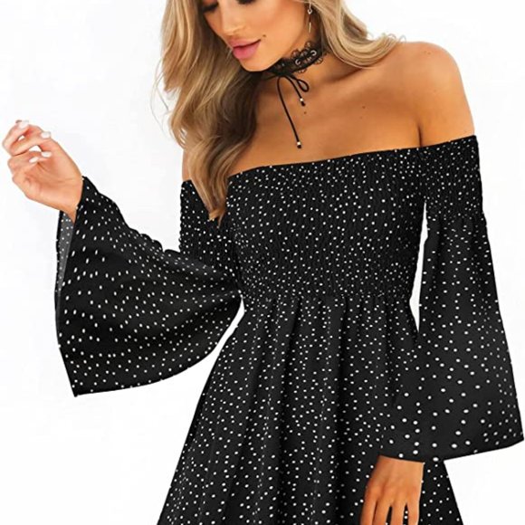 ONEYIM Women's Dress Summer Floral Long Sleeve Off Shoulder Casual Mini Dresses - Picture 2 of 2